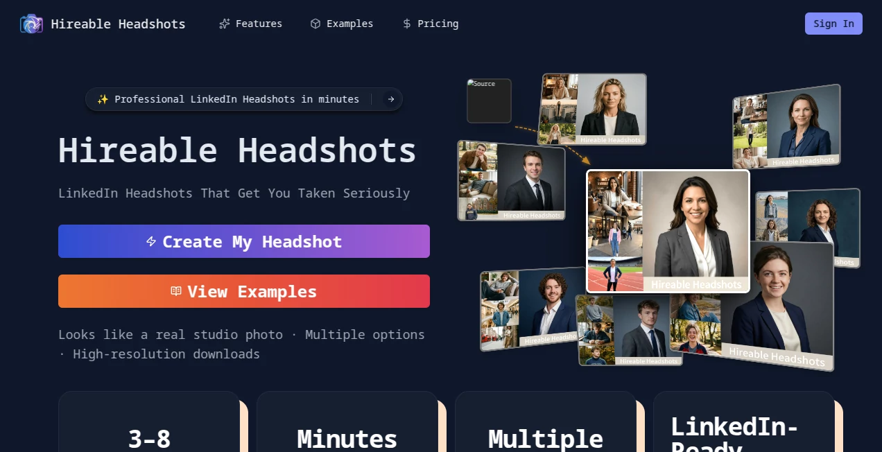 Screenshot of Hireable Headshots – An AI tool in the ,AI Photo & Image Generator ,AI Photography ,AI Profile Picture Generator ,AI Selfie & Portrait  category, showcasing its interface and key features.