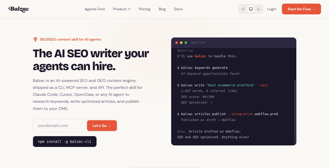 Screenshot of Balzac – An AI tool in the ,AI Blog Writer ,AI Content Generator ,AI Developer Tools ,AI SEO Assistant  category, showcasing its interface and key features.