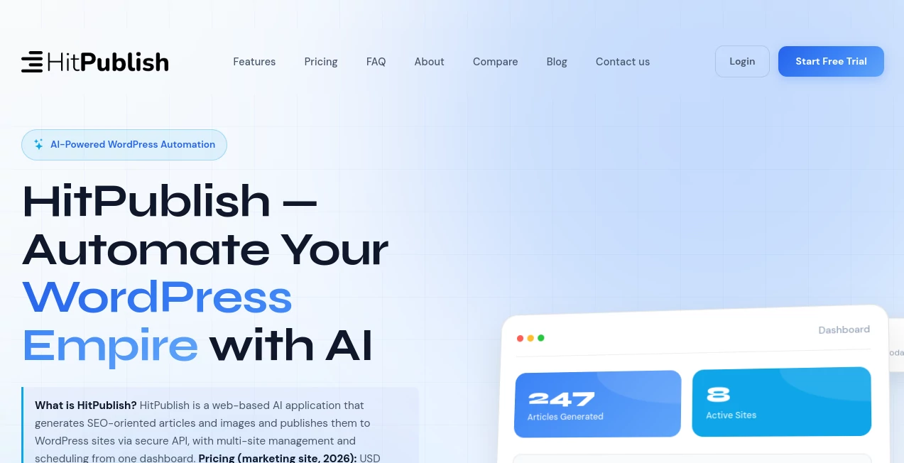 Screenshot of HitPublish – An AI tool in the ,AI Blog Writer ,AI Writing Assistants ,AI Content Generator ,AI SEO Assistant  category, showcasing its interface and key features.