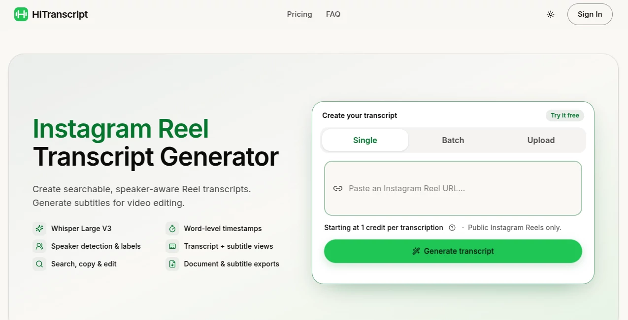 Screenshot of HiTranscript – An AI tool in the ,AI Instagram Assistant ,AI Transcriber ,AI Transcription ,AI Captions or Subtitle  category, showcasing its interface and key features.