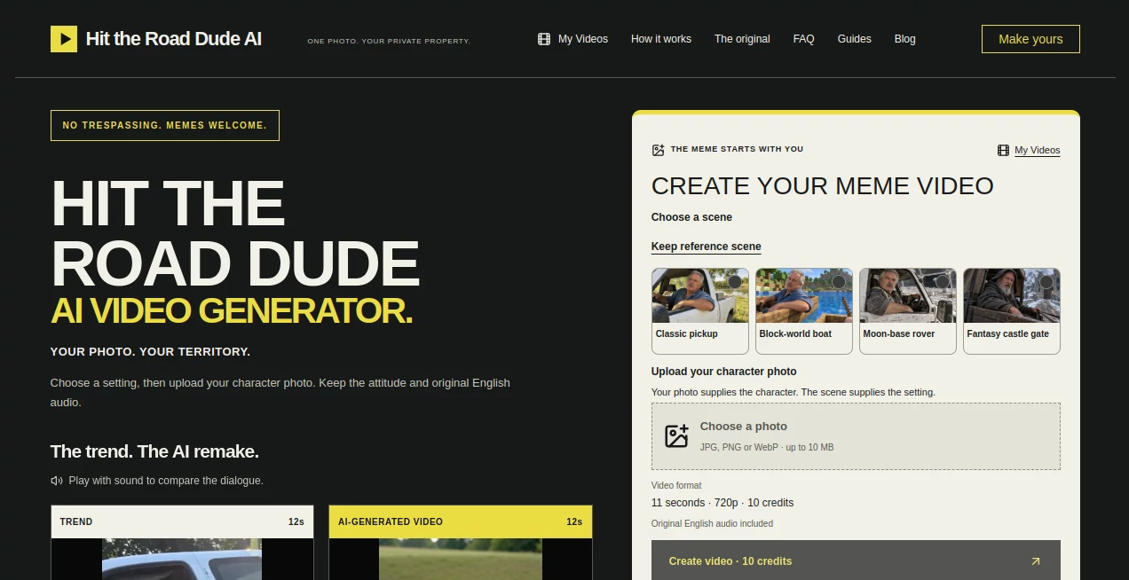 Screenshot of Hit the Road Dude AI – An AI tool in the ,AI Image to Video ,AI Video Generator ,Video  category, showcasing its interface and key features.