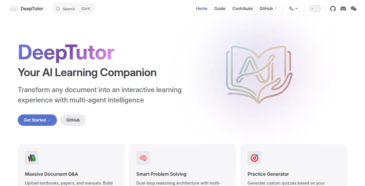 Screenshot of DeepTutor – An AI tool in the ,AI Homework Helper ,AI Knowledge Base ,AI Course ,AI Education Assistant  category, showcasing its interface and key features.
