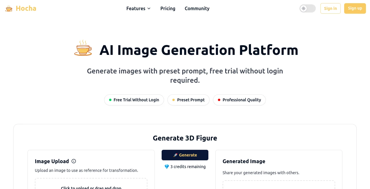Screenshot of Hocha – An AI tool in the ,AI Illustration Generator ,Photo & Image Editor ,AI Photo Enhancer  category, showcasing its interface and key features.