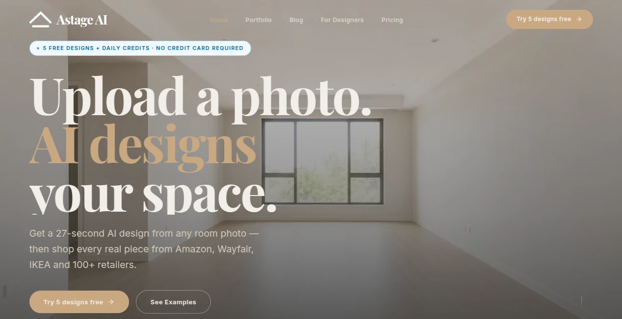 Screenshot of Astage AI – An AI tool in the ,AI Interior & Room Design ,AI Photography ,AI Image to Image ,AI Design Generator  category, showcasing its interface and key features.