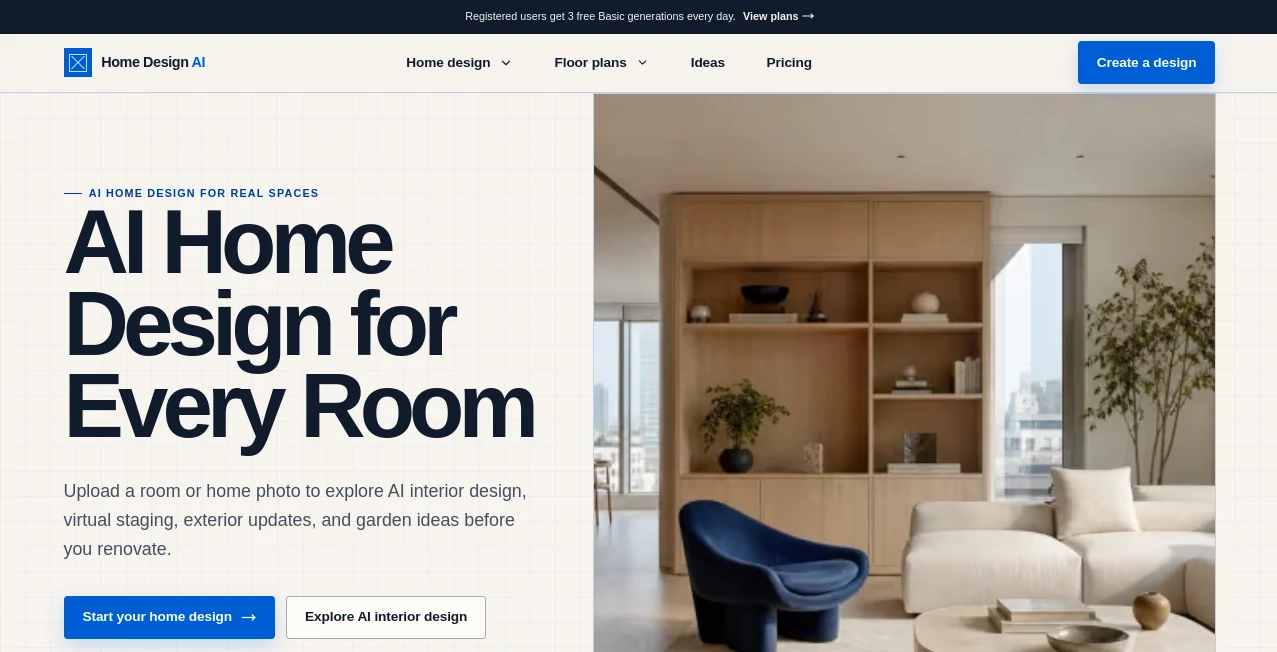 Screenshot of Home Design AI – An AI tool in the ,AI Photo & Image Generator ,AI Image to Image ,AI Design Generator ,AI Interior & Room Design  category, showcasing its interface and key features.
