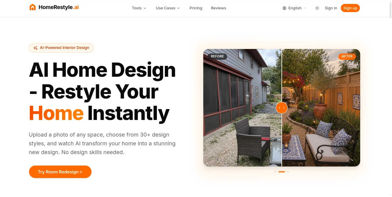 Screenshot of HomeRestyle – An AI tool in the ,AI Image to Image ,AI Design Generator ,AI Interior & Room Design ,AI Design Assistant  category, showcasing its interface and key features.
