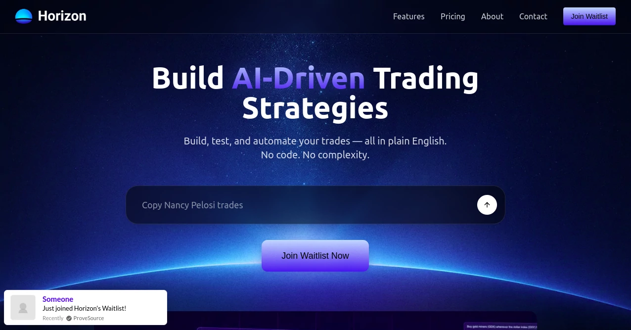 Screenshot of Horizon Trade – An AI tool in the ,AI Investing Assistant ,AI Research Tool ,AI Analytics Assistant ,AI Trading Bot Assistant  category, showcasing its interface and key features.