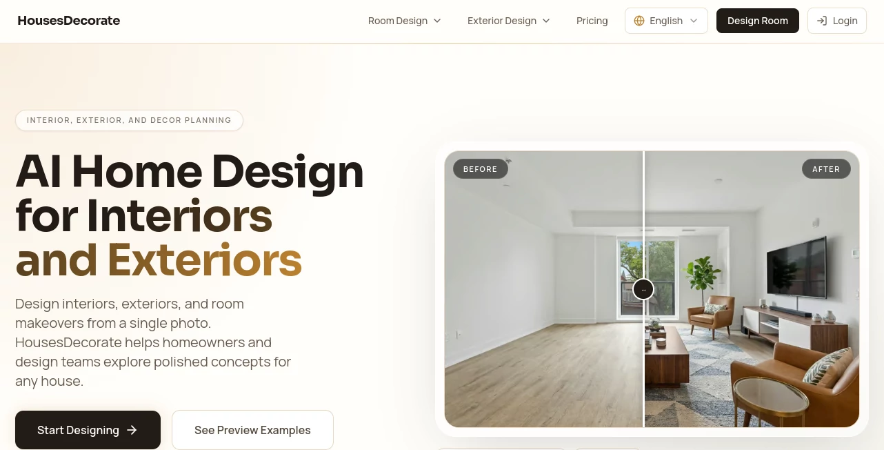 Screenshot of HousesDecorate – An AI tool in the ,AI Design Generator ,AI Graphic Design ,AI Interior & Room Design ,AI Design Assistant  category, showcasing its interface and key features.