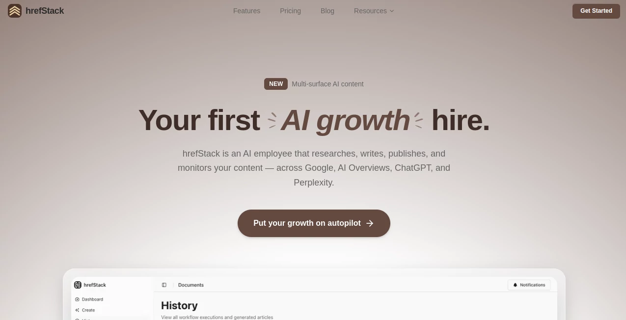 Screenshot of hrefStack – An AI tool in the ,AI Blog Writer ,AI Content Generator ,AI SEO Assistant ,AI Marketing Plan Generator  category, showcasing its interface and key features.