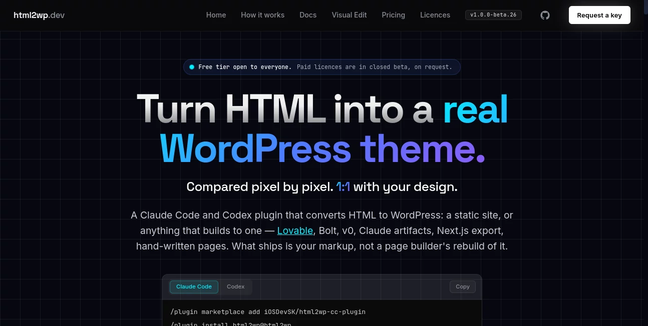 Screenshot of html2wp – An AI tool in the ,AI Website Builder ,AI No-Code & Low-Code ,AI Code Assistant ,AI Developer Tools  category, showcasing its interface and key features.