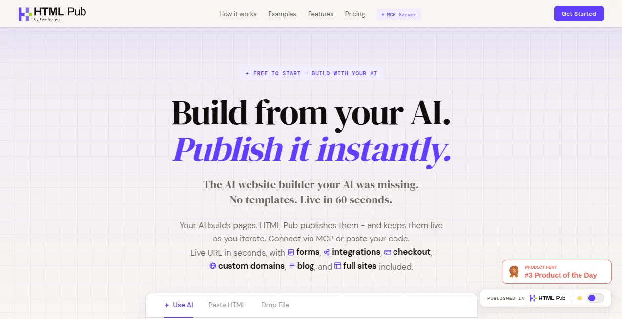 Screenshot of HTML Pub – An AI tool in the ,AI Landing Page Builder ,AI Website Builder ,AI No-Code & Low-Code  category, showcasing its interface and key features.