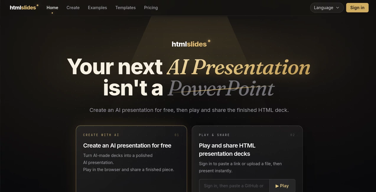 Screenshot of HTMLSlides – An AI tool in the ,AI Design Assistant ,AI Website Designer ,AI Presentation Generator ,AI Productivity Tools  category, showcasing its interface and key features.