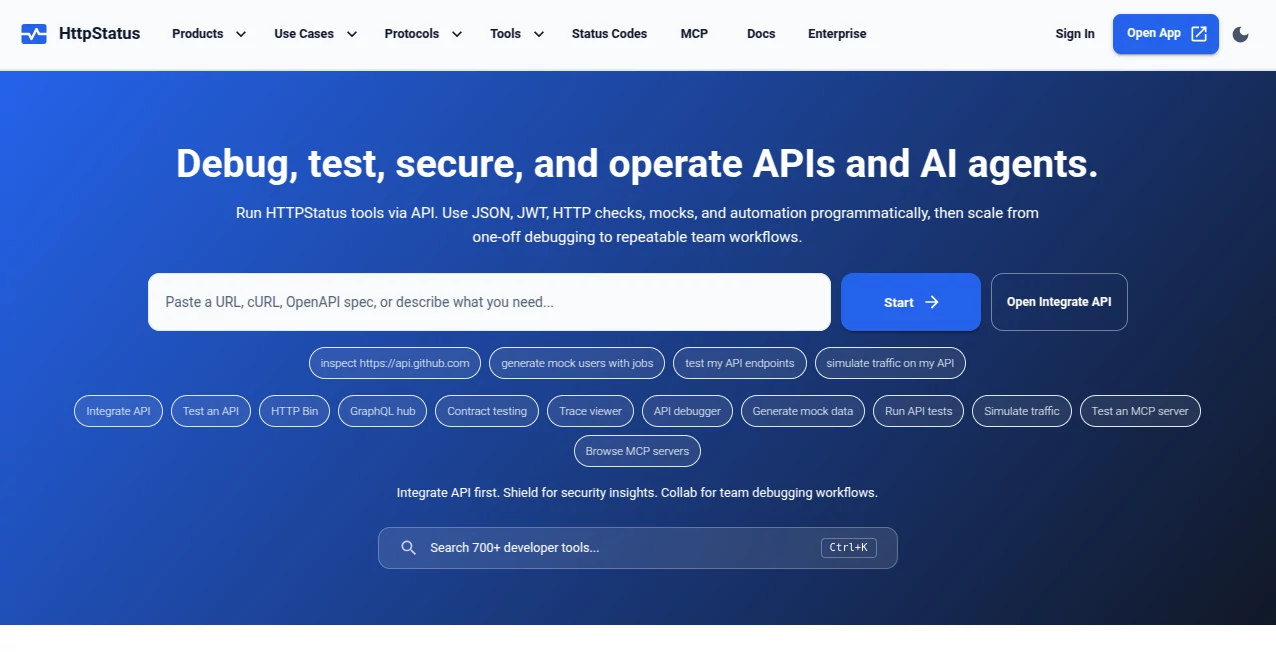 Screenshot of HttpStatus.com – An AI tool in the ,AI Testing & QA ,AI API Design ,AI Developer Tools ,AI Search Engine  category, showcasing its interface and key features.