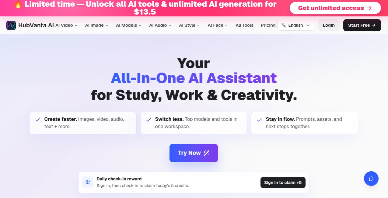Screenshot of HubVanta AI – An AI tool in the ,AI Photo & Image Generator ,AI Content Generator ,AI Video Generator ,AI Productivity Tools  category, showcasing its interface and key features.