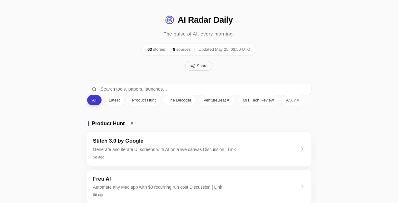 Screenshot of AI Radar Daily – An AI tool in the ,AI Tools Directory  category, showcasing its interface and key features.