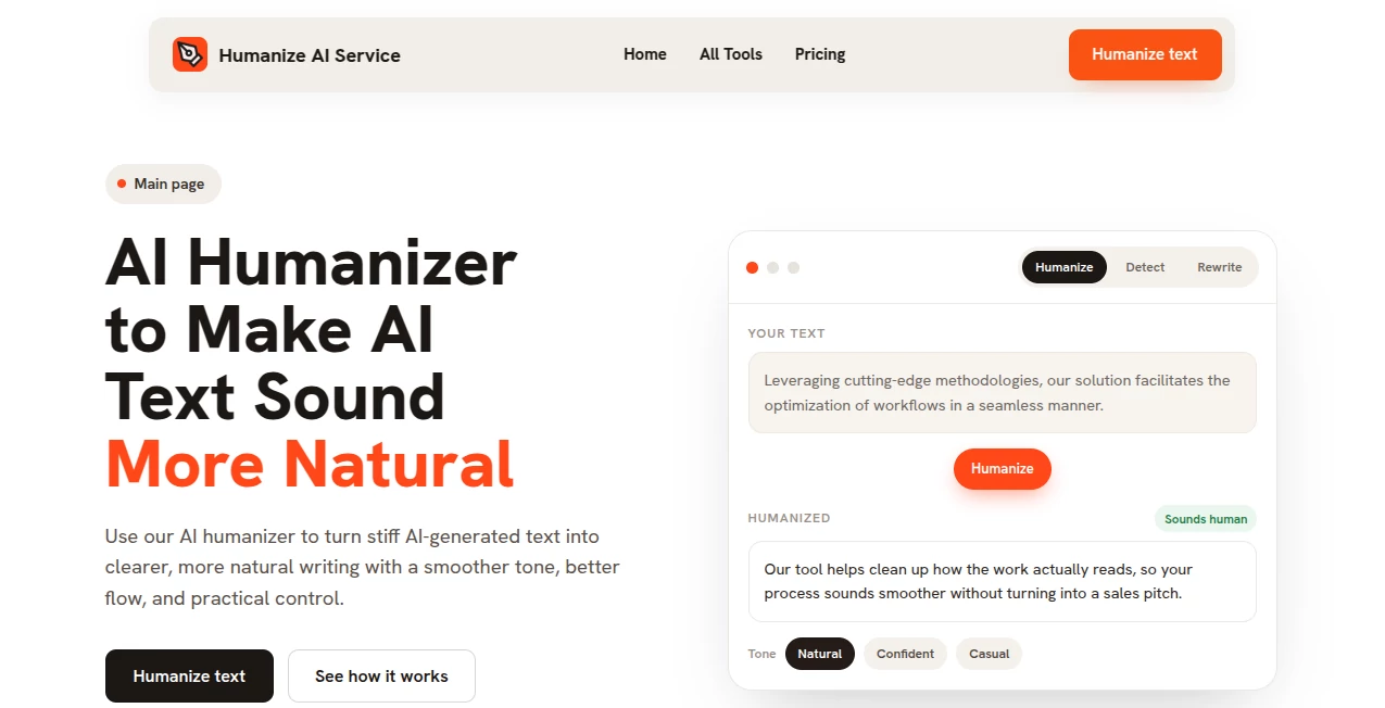 Screenshot of Humanize AI Service – An AI tool in the ,AI SEO Assistant ,AI Content Generator ,AI Rewriter ,AI Writing Assistants  category, showcasing its interface and key features.