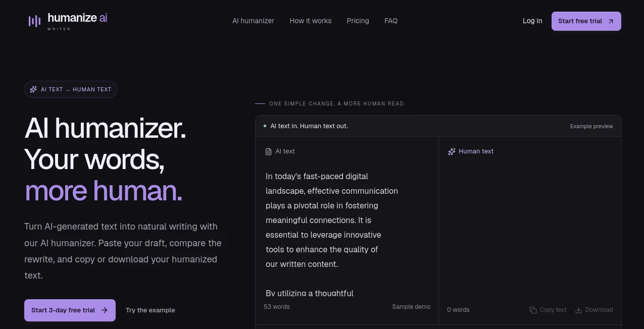 Screenshot of Humanize AI Writer – An AI tool in the ,Education  category, showcasing its interface and key features.