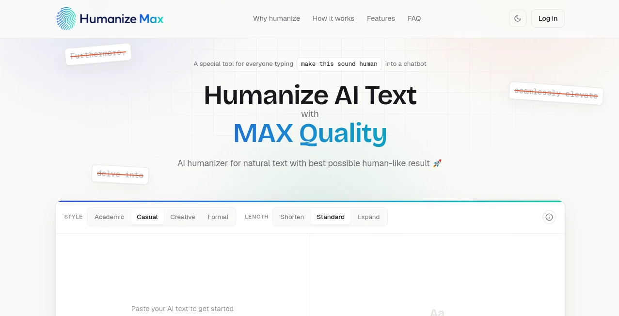 Screenshot of Humanize Max – An AI tool in the ,AI Content Generator ,AI Productivity Tools ,AI Rewriter ,AI Writing Assistants  category, showcasing its interface and key features.