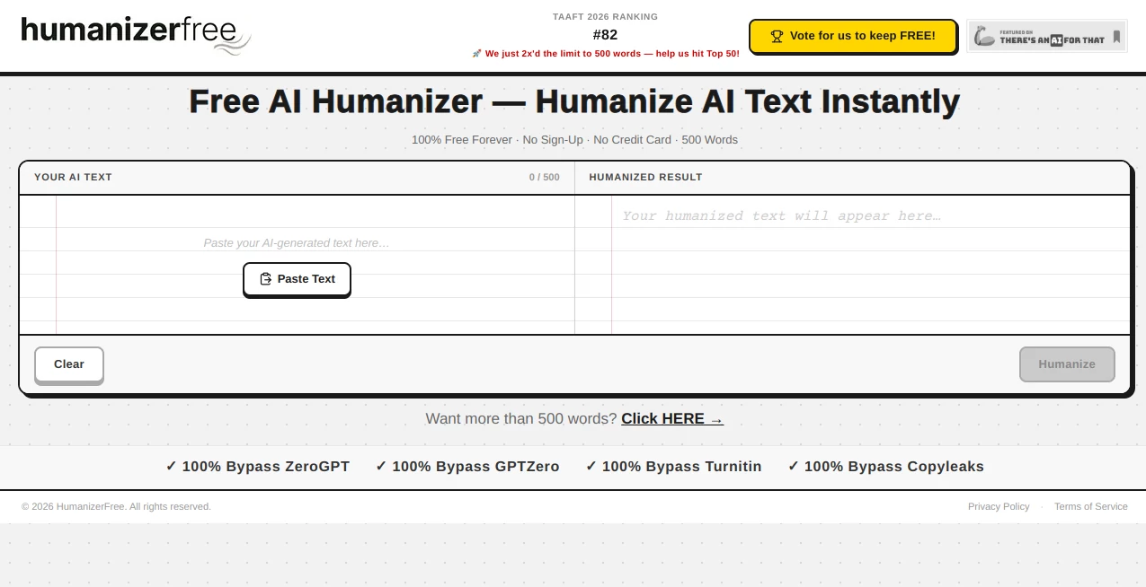 Screenshot of Humanizer Free – An AI tool in the ,AI Rewriter ,AI Writing Assistants ,AI Content Generator ,AI SEO Assistant  category, showcasing its interface and key features.