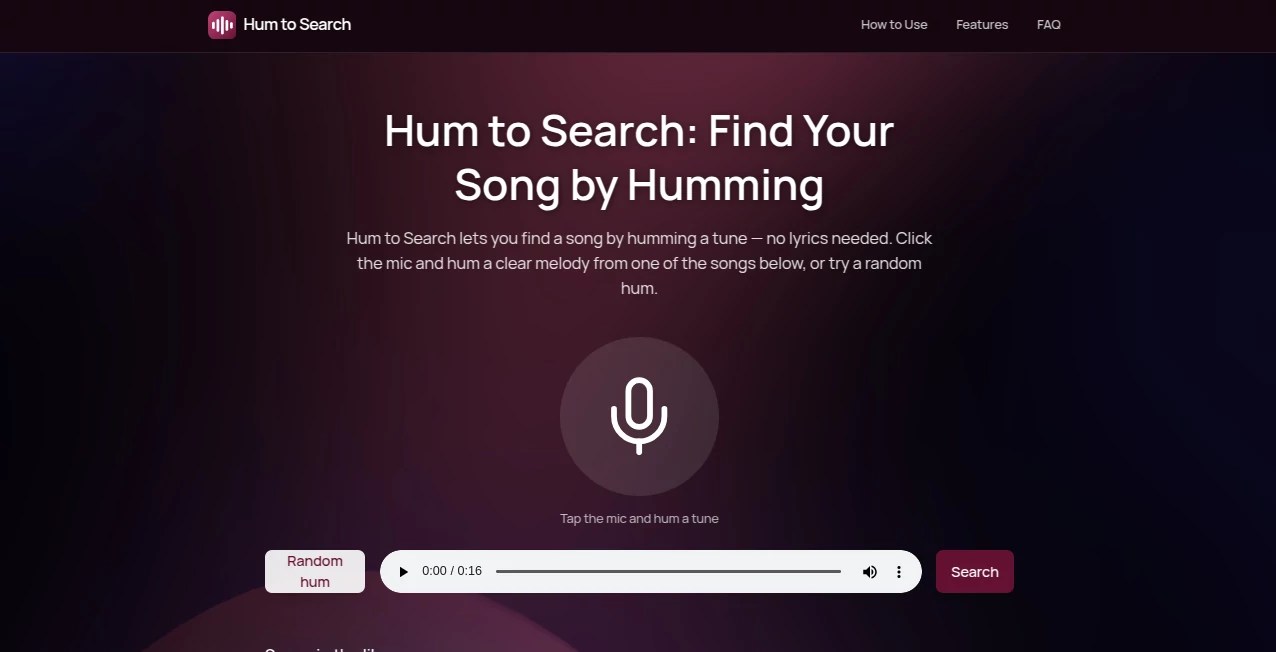 Screenshot of Hum to Search – An AI tool in the ,AI Fun Tools ,AI Voice & Audio Editing  category, showcasing its interface and key features.