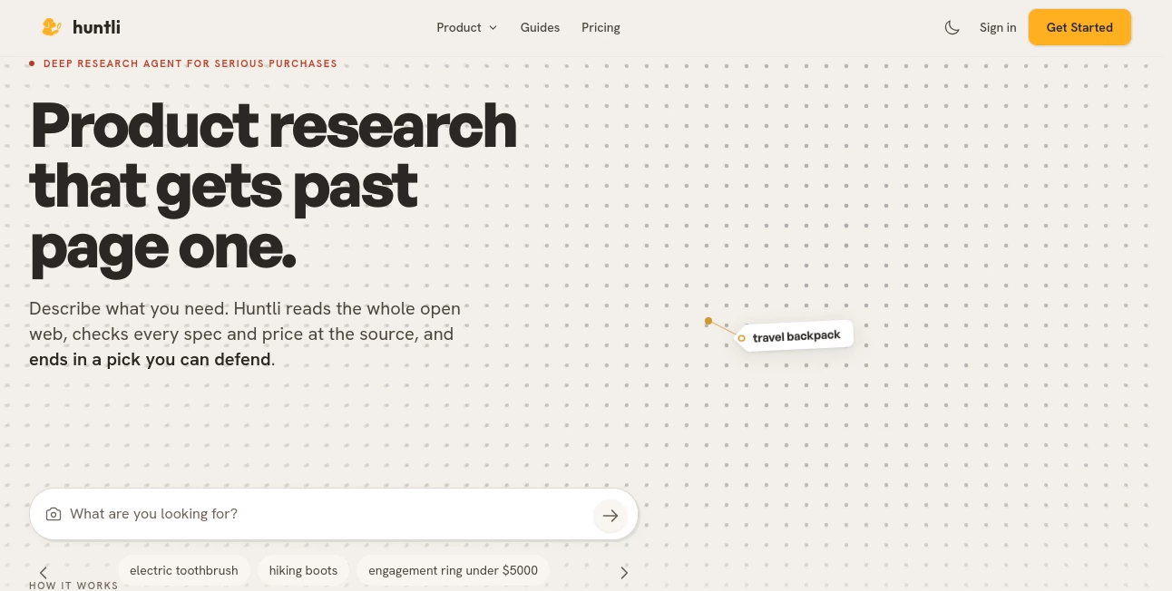 Screenshot of Huntli – An AI tool in the ,AI Research Tool ,AI E-commerce Assistant ,AI Search Engine  category, showcasing its interface and key features.