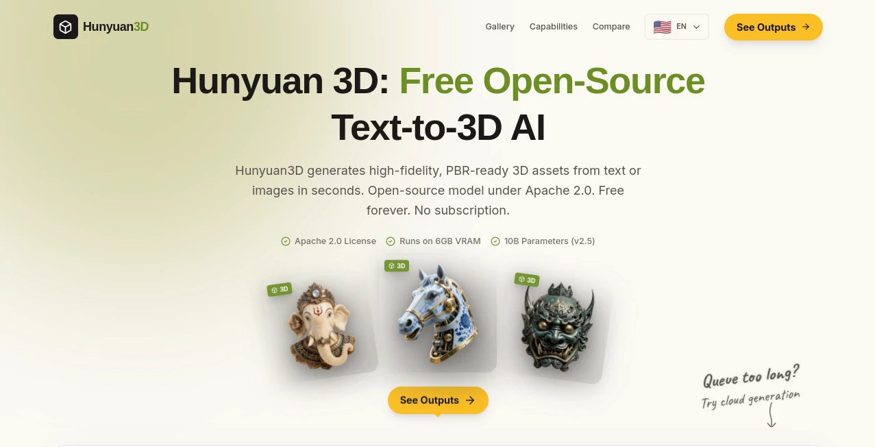 Screenshot of Hunyuan3D – An AI tool in the ,AI Design Generator ,AI 3D Model Generator ,AI Image to 3D Model  category, showcasing its interface and key features.