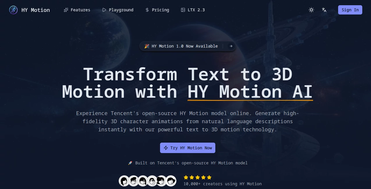 Screenshot of HY Motion – An AI tool in the ,AI Developer Tools ,AI Design Generator ,AI 3D Model Generator ,AI Image to 3D Model  category, showcasing its interface and key features.