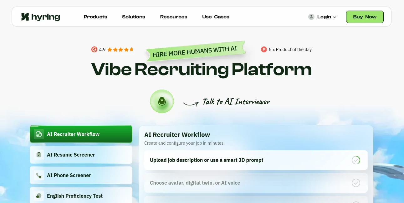 Screenshot of Hyring – An AI tool in the ,AI Interview Assistant ,AI Recruiting ,AI Productivity Tools  category, showcasing its interface and key features.