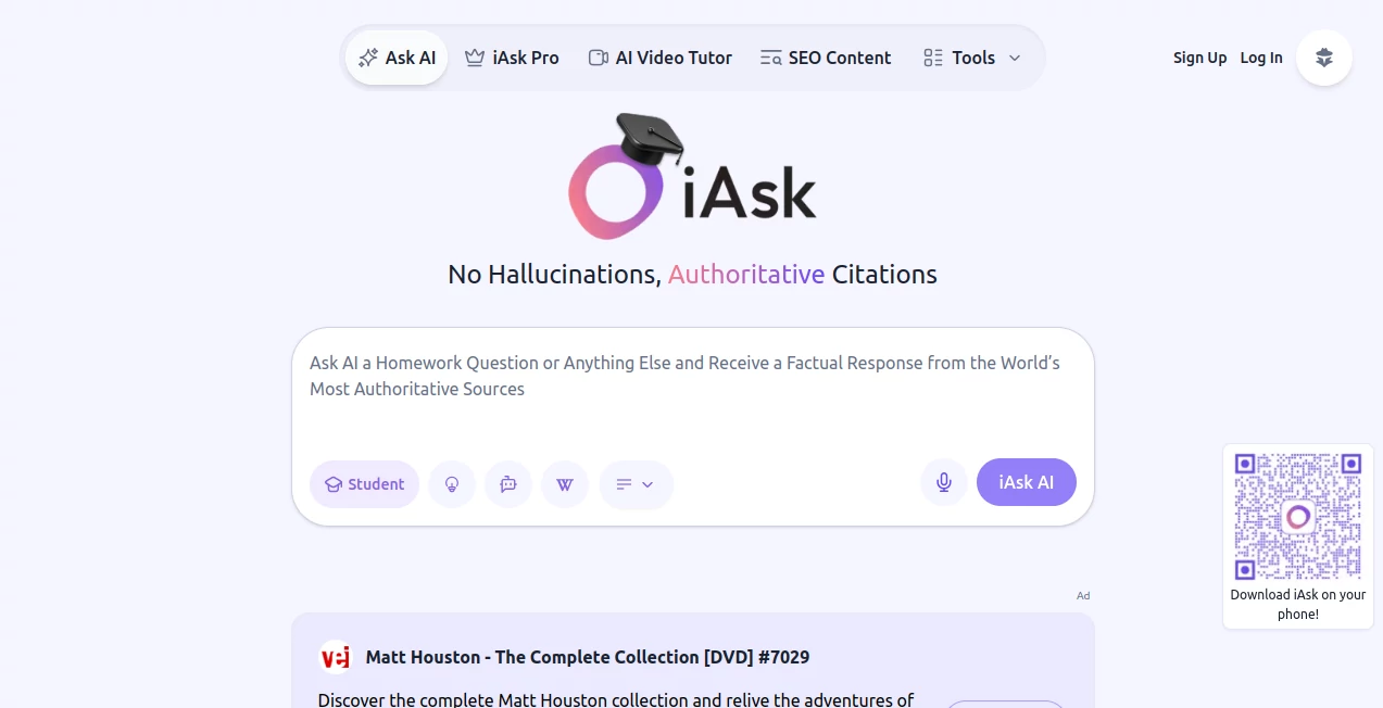 Screenshot of iAsk.ai – An AI tool in the ,AI Search Engine  category, showcasing its interface and key features.