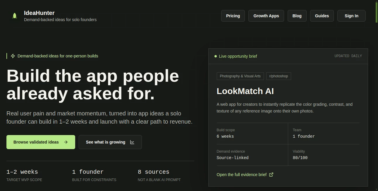 Screenshot of IdeaHunter – An AI tool in the ,AI Productivity Tools ,AI Research Tool ,AI Business Ideas Generator  category, showcasing its interface and key features.