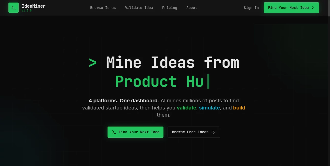 Screenshot of IdeaMiner – An AI tool in the ,AI Research Tool ,AI Business Ideas Generator ,AI Productivity Tools ,Large Language Models (LLMs)  category, showcasing its interface and key features.