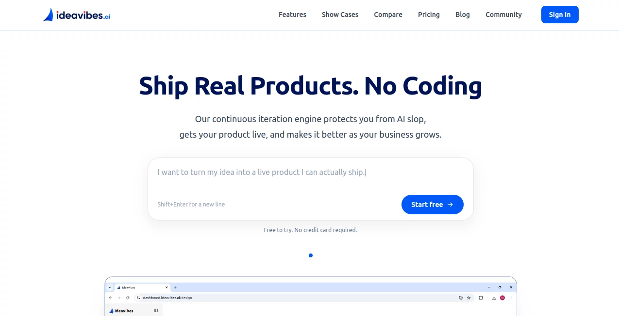 Screenshot of Ideavibes AI – An AI tool in the ,AI Website Builder ,AI No-Code & Low-Code ,AI Developer Tools ,AI App Builder  category, showcasing its interface and key features.