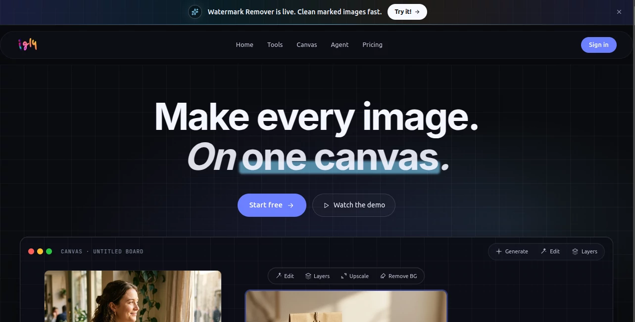Screenshot of Igly Image Editor – An AI tool in the ,AI Photo & Image Generator ,Photo & Image Editor ,AI Art Generator ,AI Image to Image  category, showcasing its interface and key features.