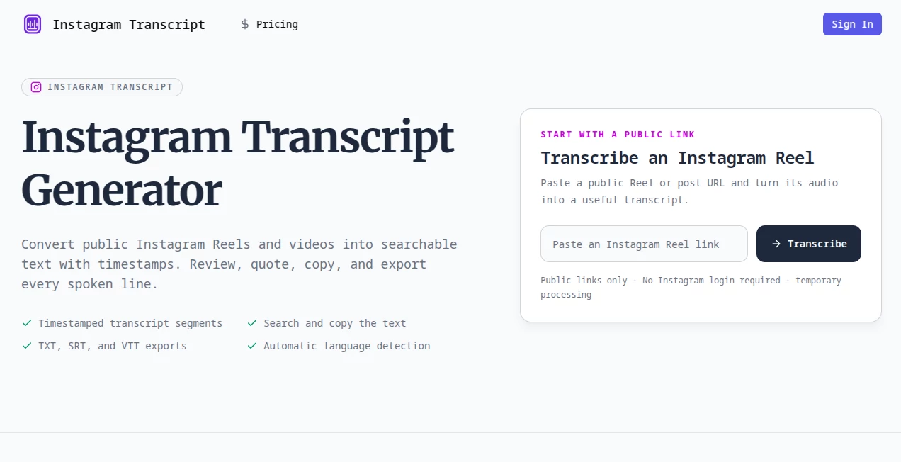 Screenshot of Instagram Transcript Generator – An AI tool in the ,AI Video Search ,AI Transcriber ,AI Transcription ,AI Captions or Subtitle  category, showcasing its interface and key features.