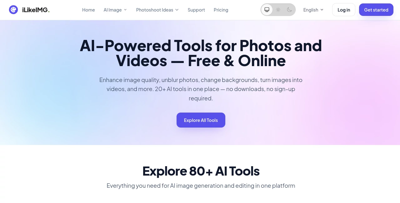 Screenshot of iLikeIMG – An AI tool in the ,AI Photo & Image Generator ,AI Image to Video ,Photo & Image Editor ,AI Photo Restoration  category, showcasing its interface and key features.