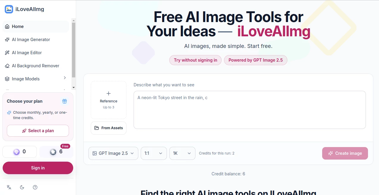 Screenshot of iLoveAIImg – An AI tool in the ,AI Text to Image ,Photo & Image Editor ,AI Background Remover ,AI Image to Image ,Image  category, showcasing its interface and key features.