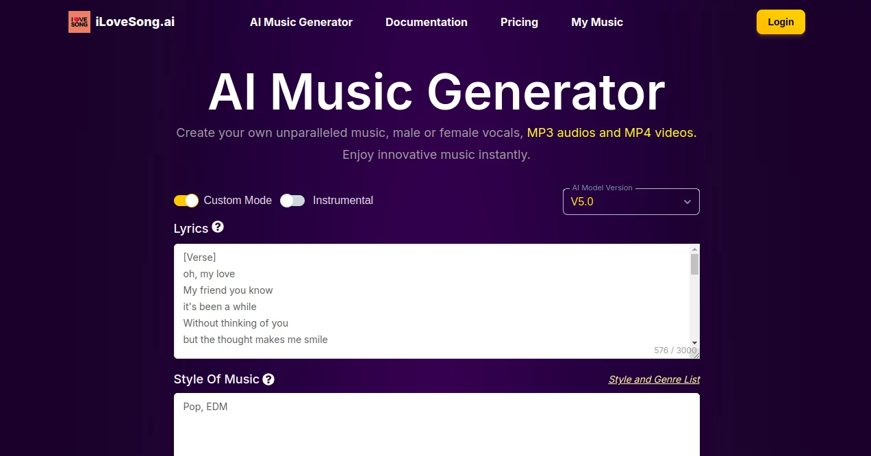 Screenshot of ILoveSong AI – An AI tool in the ,AI Text to Music ,AI Lyrics Generator ,AI Video Generator ,AI Music Generator  category, showcasing its interface and key features.