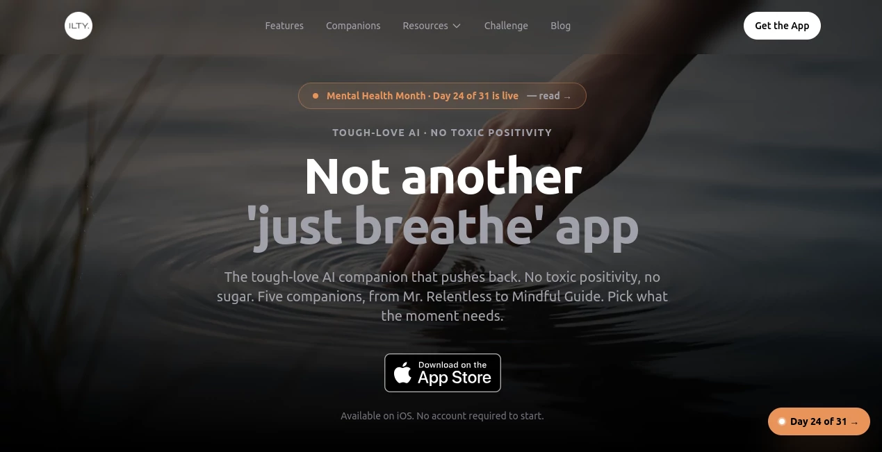 Screenshot of ILTY – An AI tool in the ,AI Life Assistant ,AI Mental Health ,AI Coaching  category, showcasing its interface and key features.