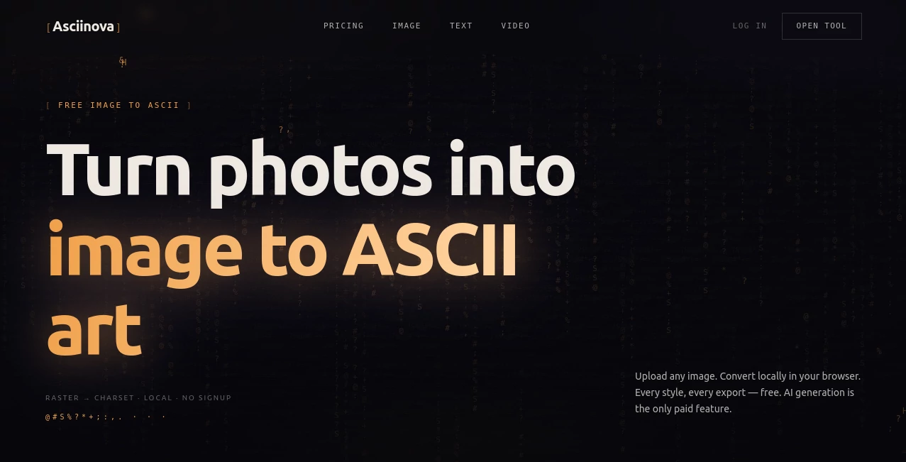 Screenshot of Image to ASCII art – An AI tool in the ,Photo & Image Editor ,AI Image to Image ,AI Image Recognition ,AI Art Generator  category, showcasing its interface and key features.