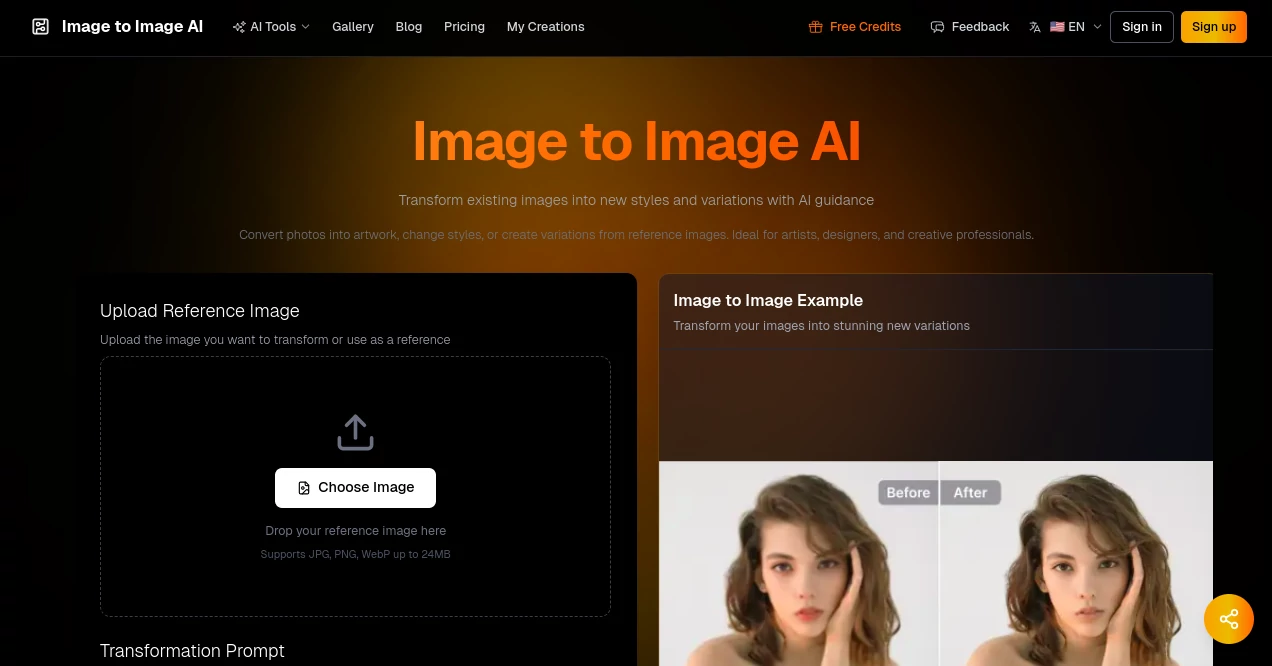 Screenshot of image to image ai – An AI tool in the ,Photo & Image Editor ,AI Art Generator ,AI Design Generator ,AI Image to Image  category, showcasing its interface and key features.