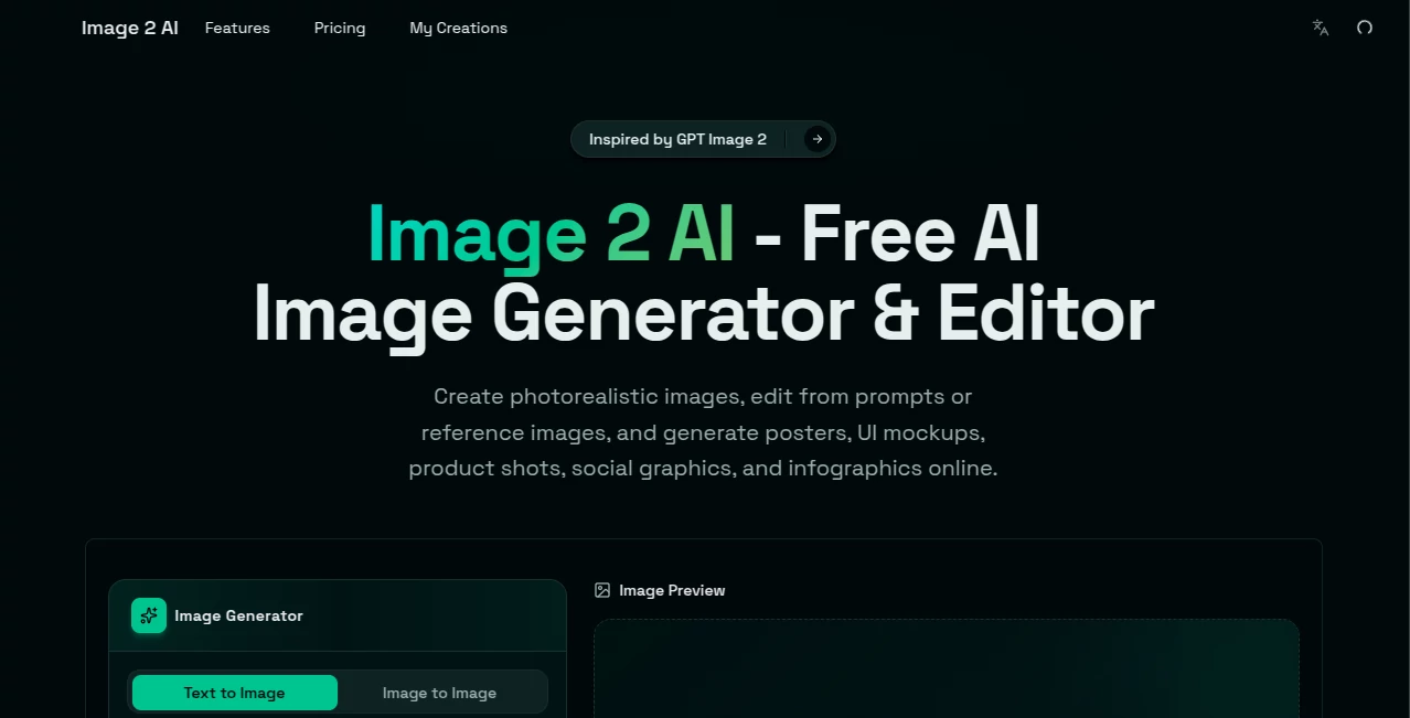 Screenshot of Image 2 AI – An AI tool in the ,AI Photo & Image Generator ,AI Content Generator ,AI Video Generator ,Photo & Image Editor  category, showcasing its interface and key features.