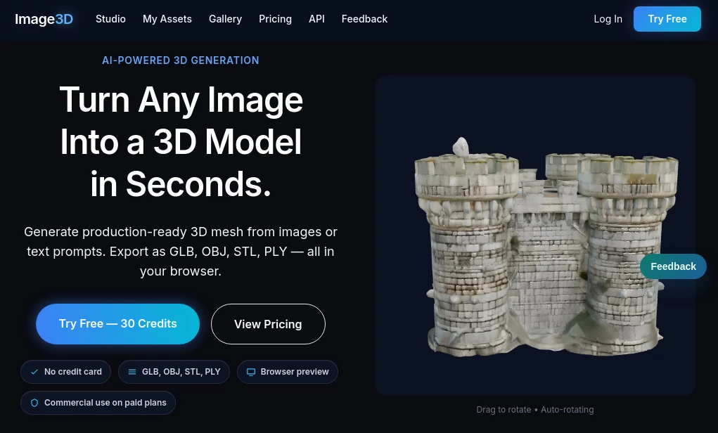 Screenshot of Image3D – An AI tool in the ,AI 3D Model Generator ,Photo & Image Editor ,AI Image to 3D Model ,AI Design Generator  category, showcasing its interface and key features.