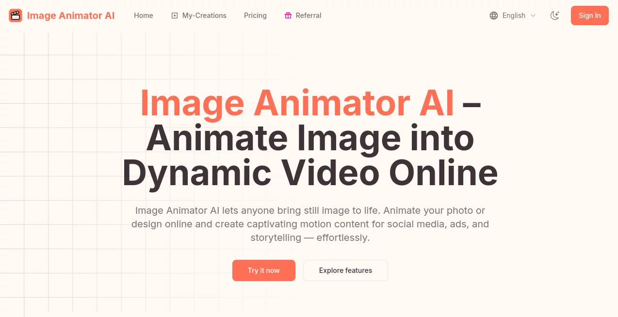 Screenshot of Image Animator AI – An AI tool in the ,Photo & Image Editor ,AI Animated Video ,AI Image to Video ,AI Video Generator  category, showcasing its interface and key features.