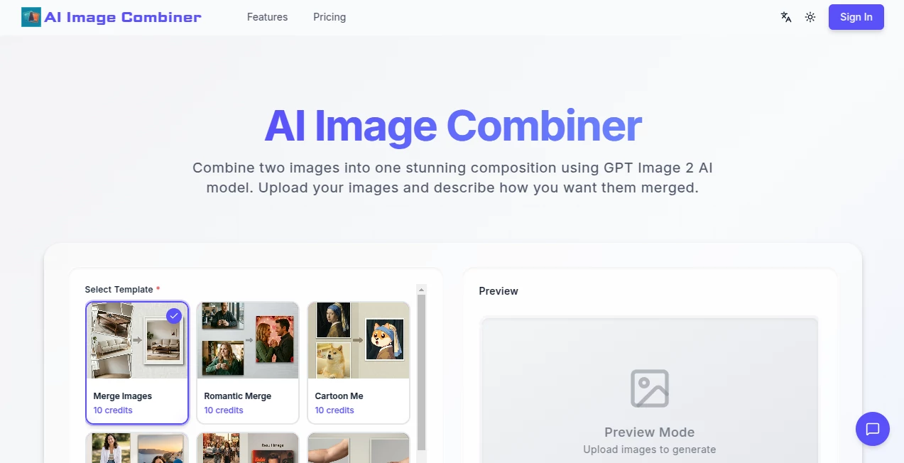 Screenshot of AI Image Combiner – An AI tool in the ,AI Photo & Image Generator ,Photo & Image Editor ,AI Image to Image ,AI Graphic Design  category, showcasing its interface and key features.