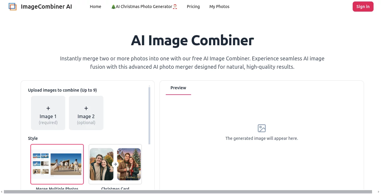Screenshot of ImageCombiner AI – An AI tool in the ,AI Photo & Image Generator ,Photo & Image Editor ,AI Image to Image ,AI Design Generator  category, showcasing its interface and key features.