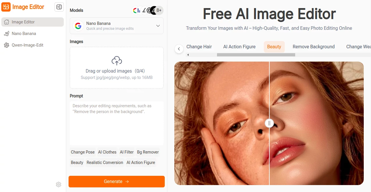 Screenshot of Image Editor – An AI tool in the ,AI Background Remover ,Photo & Image Editor ,AI Photo Enhancer ,AI Image to Image  category, showcasing its interface and key features.