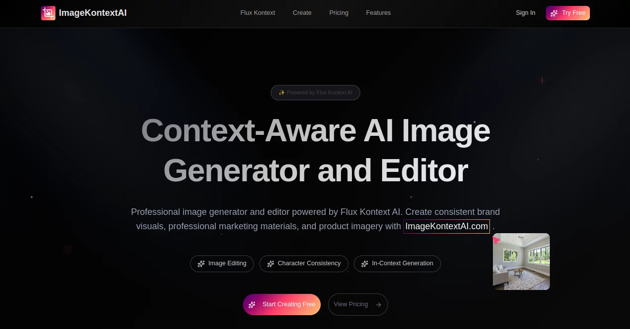 Screenshot of ImageKontextAI – An AI tool in the ,AI Photo & Image Generator ,Photo & Image Editor ,AI Art Generator ,AI Design Generator  category, showcasing its interface and key features.