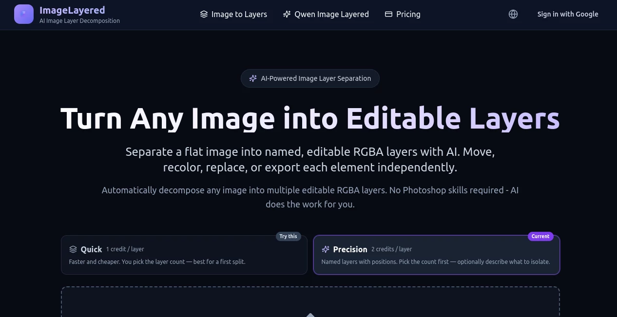 Screenshot of ImageLayered – An AI tool in the ,AI Photo & Image Generator ,Photo & Image Editor ,AI Image to Image  category, showcasing its interface and key features.