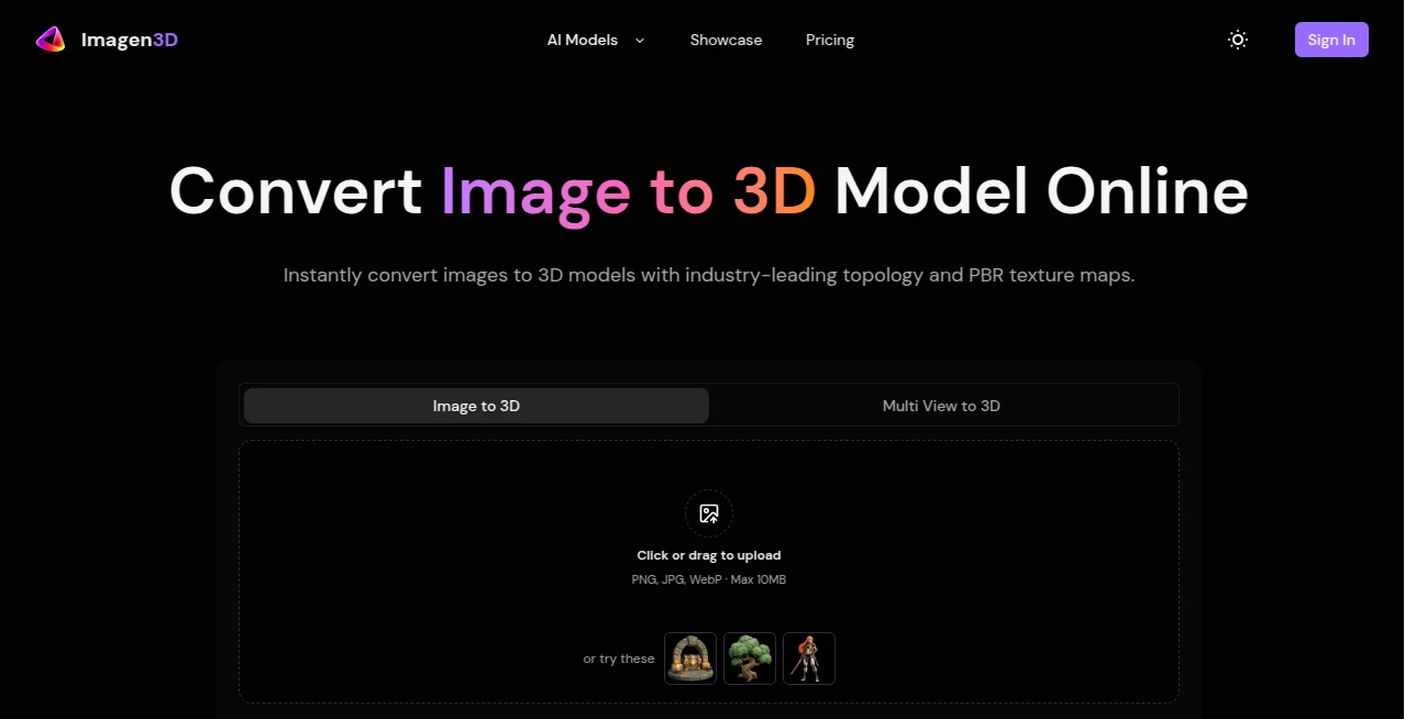 Screenshot of Imagen3D – An AI tool in the ,AI 3D Model Generator ,Photo & Image Editor ,AI Image to 3D Model ,AI Design Generator  category, showcasing its interface and key features.