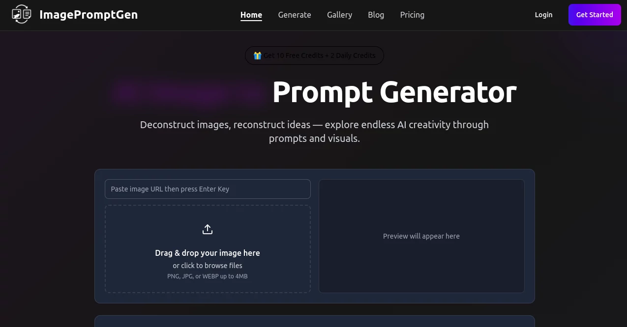 Screenshot of ImagePromptGen – An AI tool in the ,AI Image Recognition ,Photo & Image Editor ,AI Art Generator ,Prompt  category, showcasing its interface and key features.